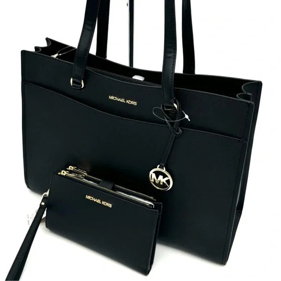 Michael Kors Large MF Pocket Shoulder Tote Bag & Double Zip Wallet Black/Gold